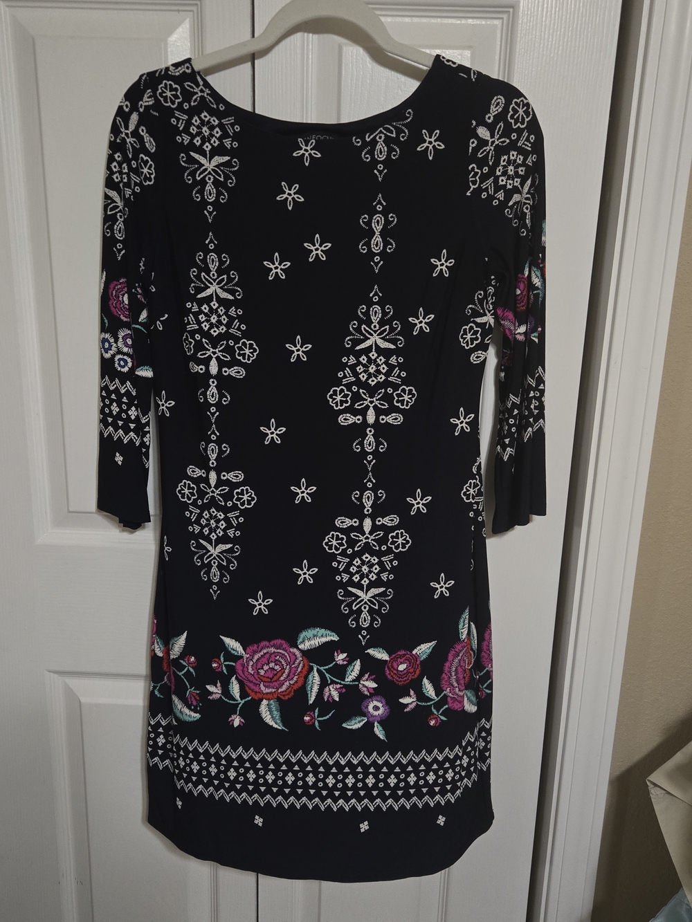 Enfocus Studio Black Long-Sleeve Dress with Pink Floral Embroidery